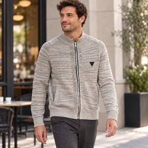Gray Marled Full Zip Sweater Mens XL GUESS Minimalist Preppy